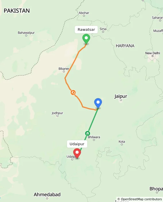 Route map showing distance and travel time from Rawatsar, India to Udaipur, India