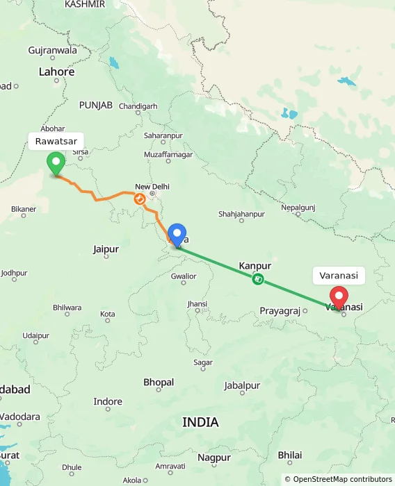 Route map showing distance and travel time from Rawatsar, India to Varanasi, India