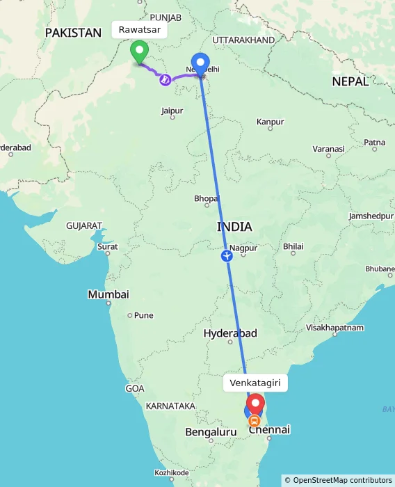 Route map showing distance and travel time from Rawatsar, India to Venkatagiri, India