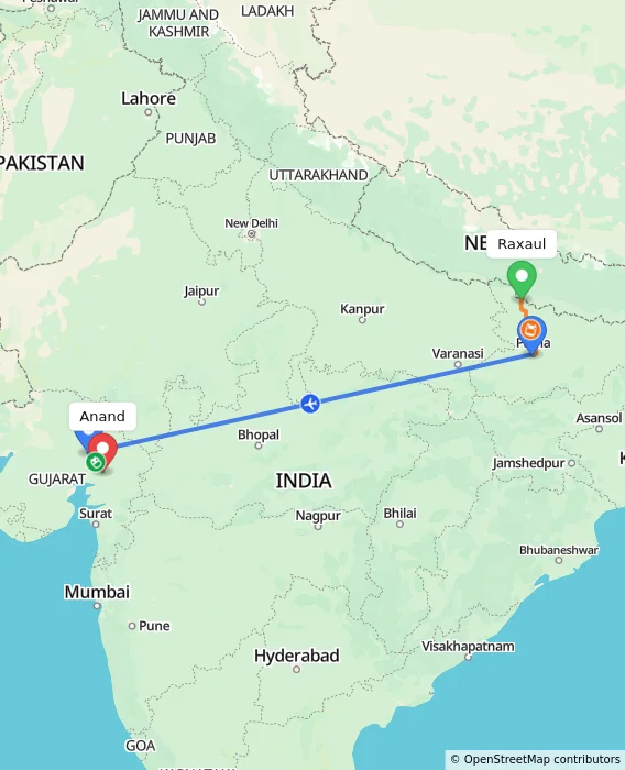 Route map showing distance and travel time from Raxaul, India to Anand, India