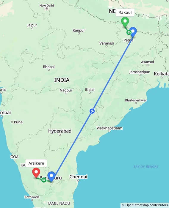 Route map showing distance and travel time from Raxaul, India to Arsikere, India