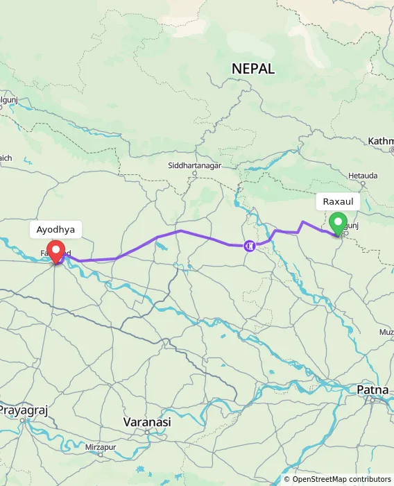 Route map showing distance and travel time from Raxaul, India to Ayodhya, India