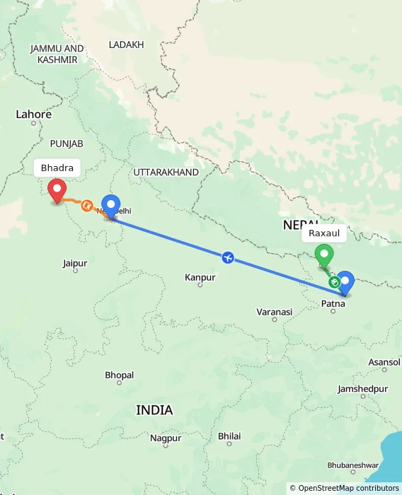 Route map showing distance and travel time from Raxaul, India to Bhadra, India