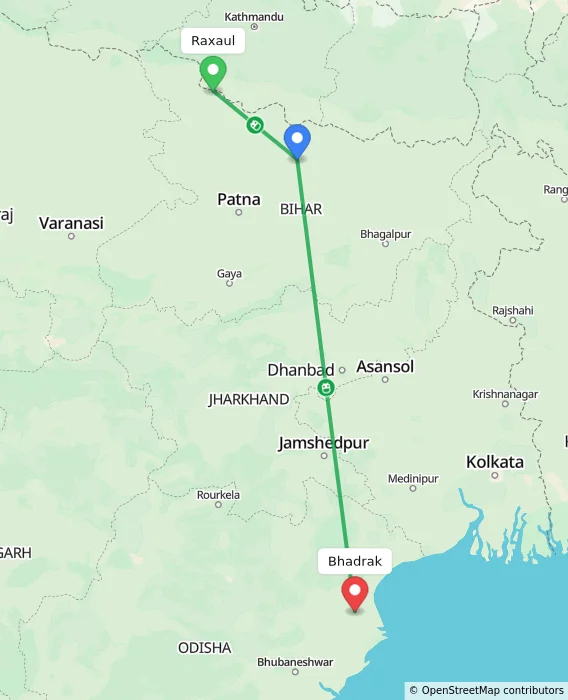 Route map showing distance and travel time from Raxaul, India to Bhadrak, India