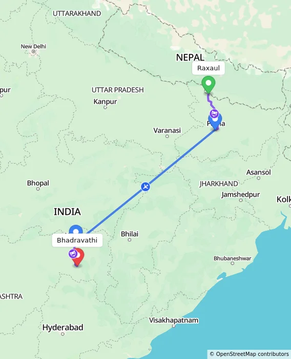 Route map showing distance and travel time from Raxaul, India to Bhadravathi, India