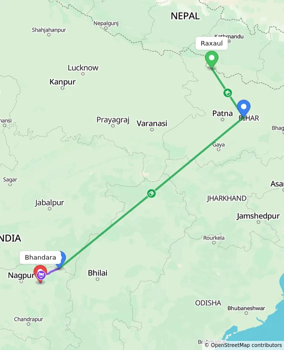 Route map showing distance and travel time from Raxaul, India to Bhandara, India