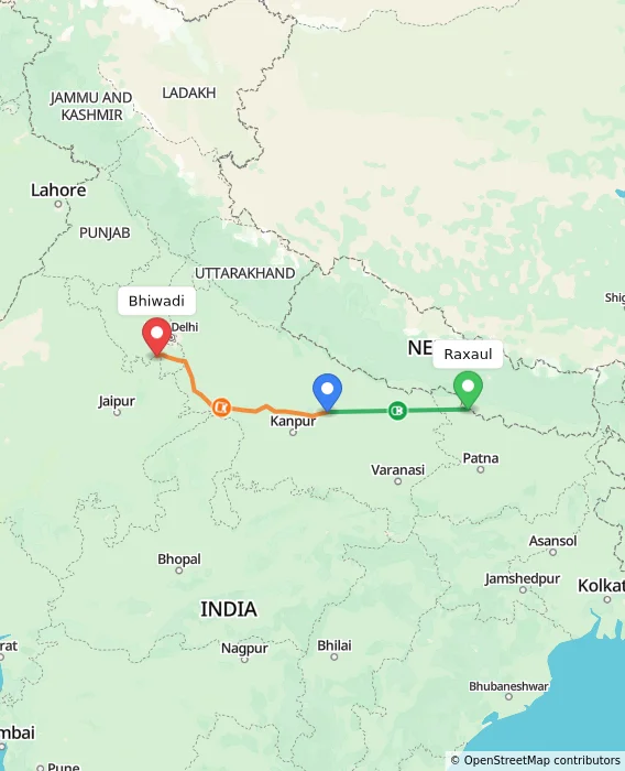 Route map showing distance and travel time from Raxaul, India to Bhiwadi, India