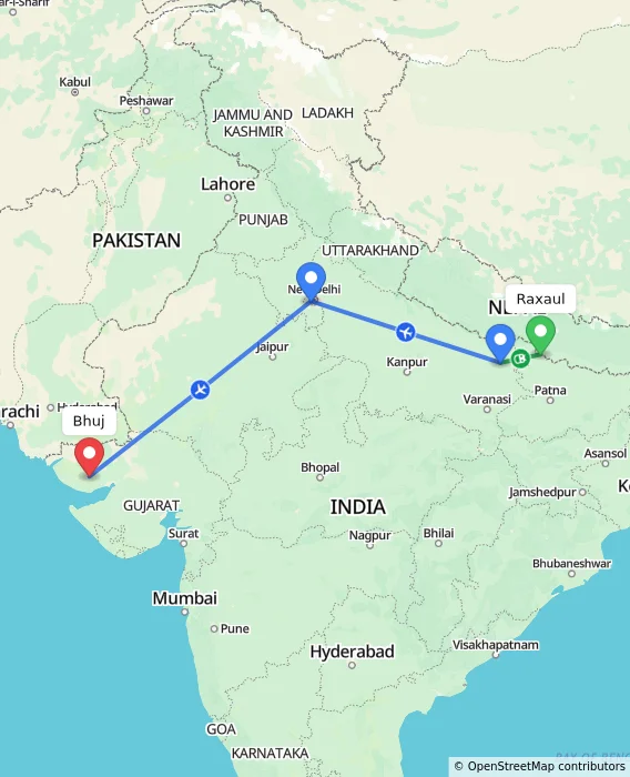Route map showing distance and travel time from Raxaul, India to Bhuj, India