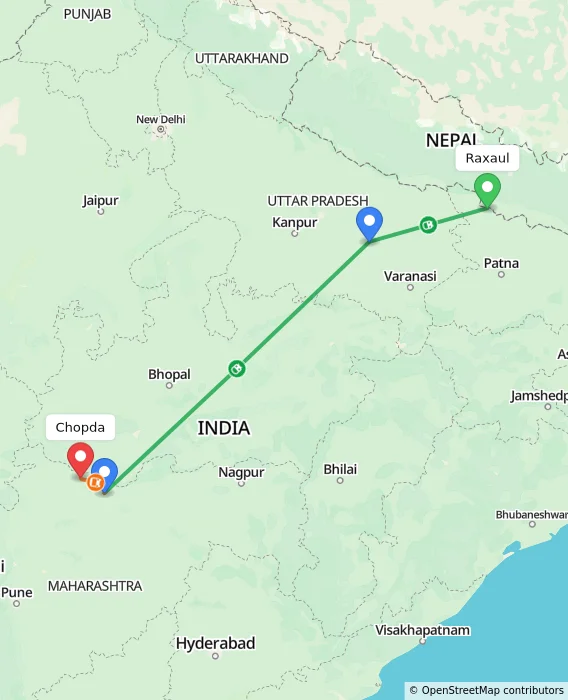 Route map showing distance and travel time from Raxaul, India to Chopda, India