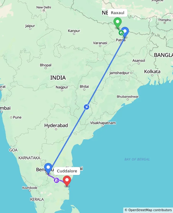 Route map showing distance and travel time from Raxaul, India to Cuddalore, India