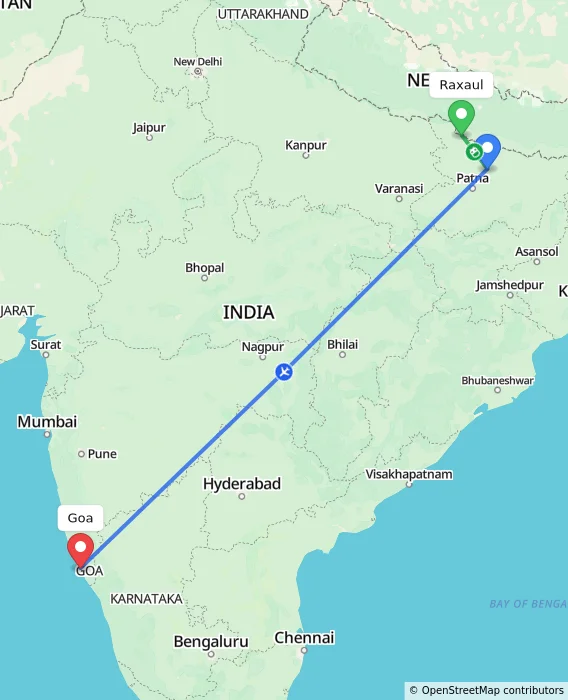 Route map showing distance and travel time from Raxaul, India to Goa, India