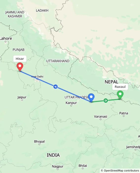 Route map showing distance and travel time from Raxaul, India to Hisar, India