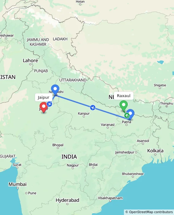 Route map showing distance and travel time from Raxaul, India to Jaipur, India