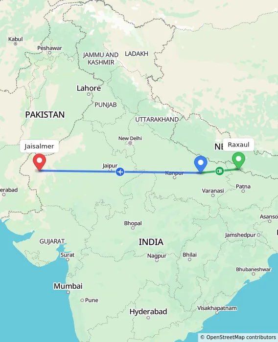 Route map showing distance and travel time from Raxaul, India to Jaisalmer, India
