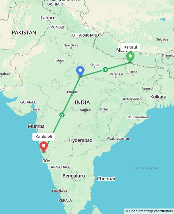 Route map showing distance and travel time from Raxaul, India to Kankavli, India