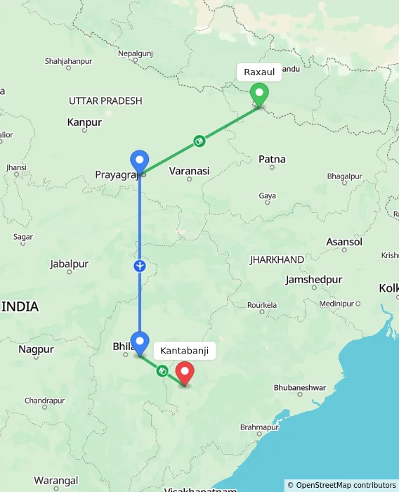Route map showing distance and travel time from Raxaul, India to Kantabanji, India