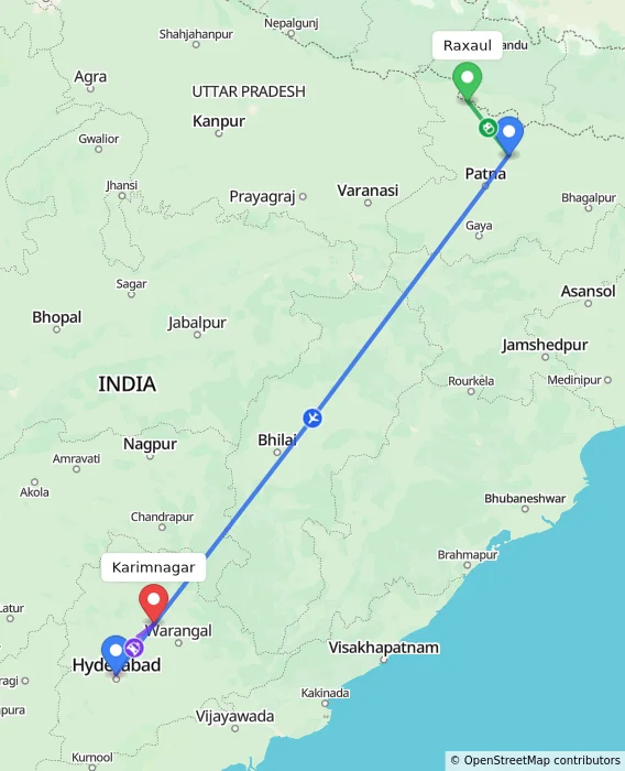 Route map showing distance and travel time from Raxaul, India to Karimnagar, India