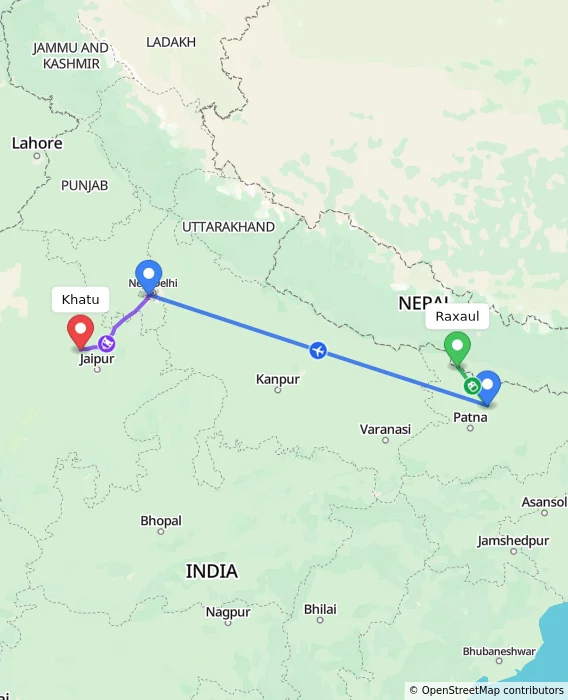 Route map showing distance and travel time from Raxaul, India to Khatu, India