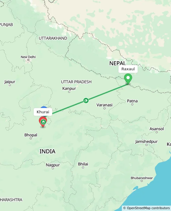 Route map showing distance and travel time from Raxaul, India to Khurai, India