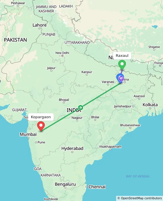Route map showing distance and travel time from Raxaul, India to Kopargaon, India