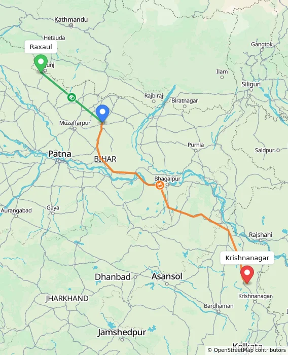 Route map showing distance and travel time from Raxaul, India to Krishnanagar, India