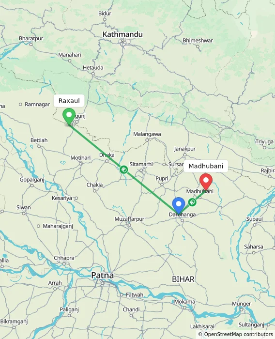 Route map showing distance and travel time from Raxaul, India to Madhubani, India