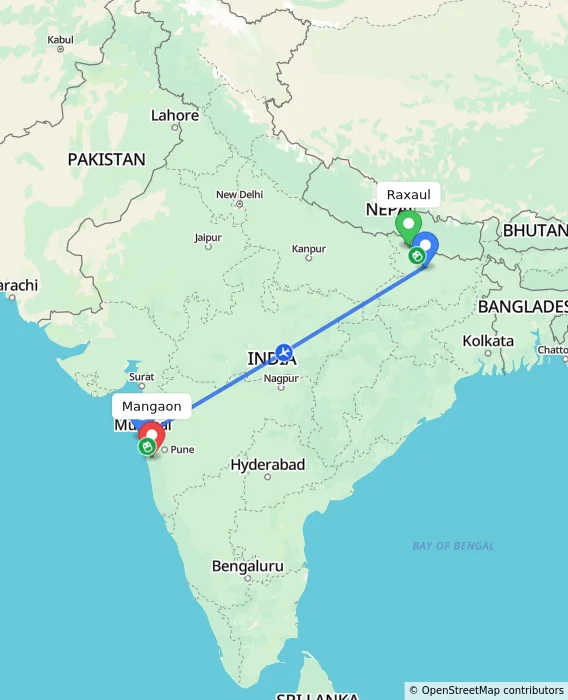 Route map showing distance and travel time from Raxaul, India to Mangaon, India