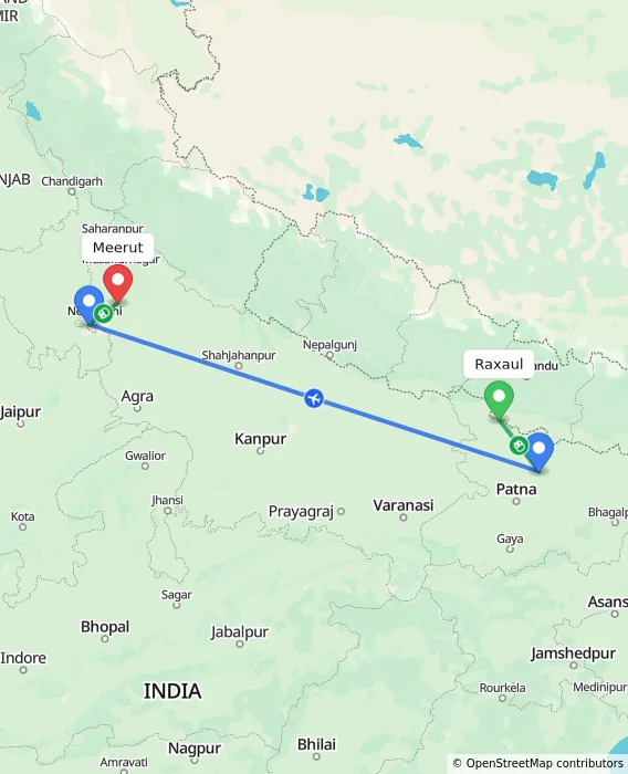Route map showing distance and travel time from Raxaul, India to Meerut, India