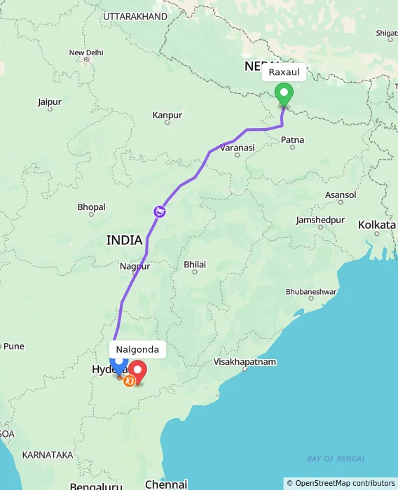 Route map showing distance and travel time from Raxaul, India to Nalgonda, India