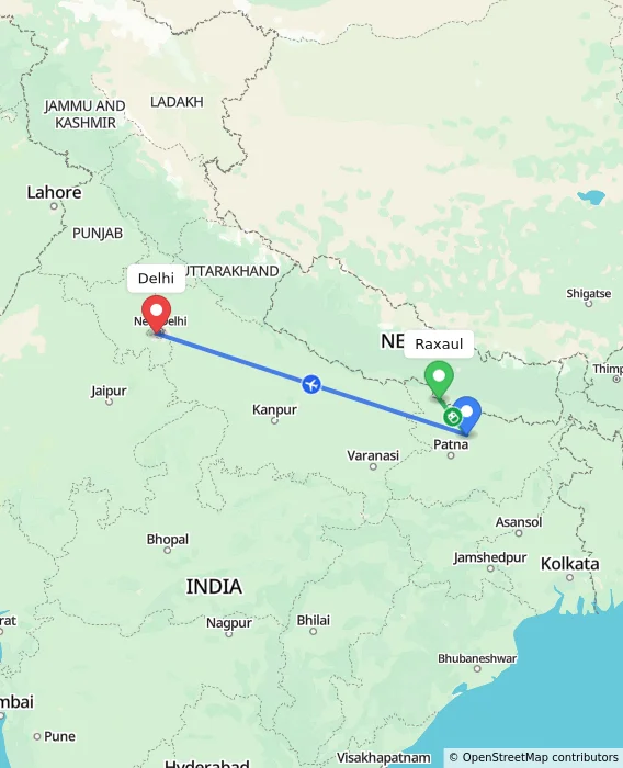 Route map showing distance and travel time from Raxaul, India to Delhi, India