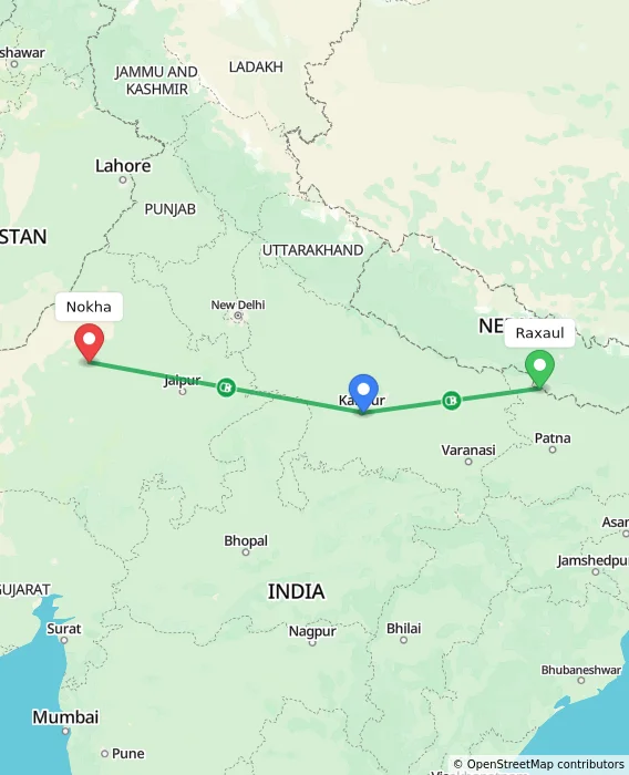 Route map showing distance and travel time from Raxaul, India to Nokha, India