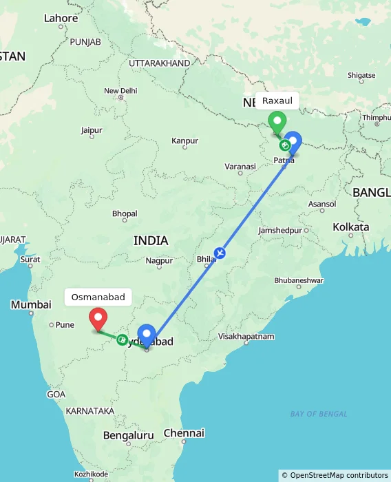 Route map showing distance and travel time from Raxaul, India to Osmanabad, India