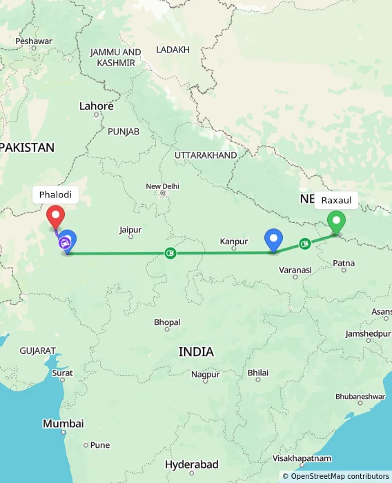 Route map showing distance and travel time from Raxaul, India to Phalodi, India