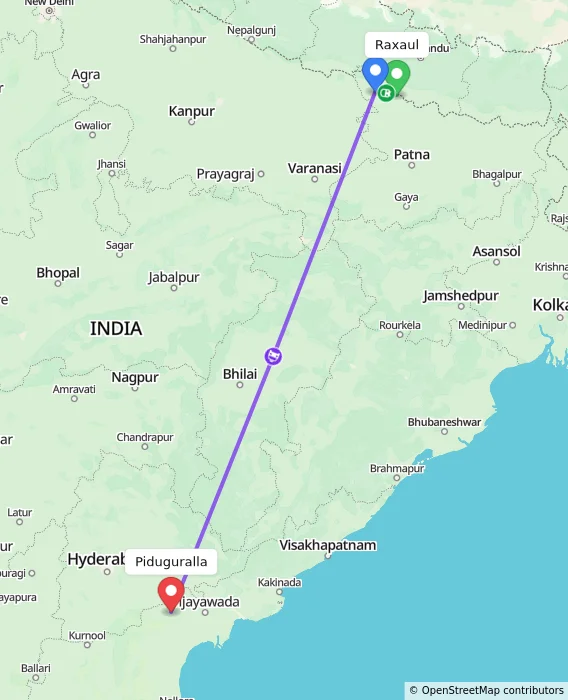 Route map showing distance and travel time from Raxaul, India to Piduguralla, India