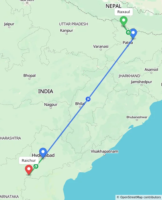 Route map showing distance and travel time from Raxaul, India to Raichur, India