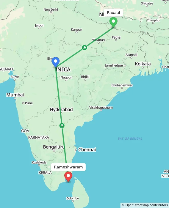 Route map showing distance and travel time from Raxaul, India to Rameshwaram, India