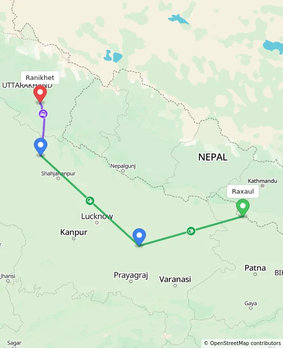 Route map showing distance and travel time from Raxaul, India to Ranikhet, India