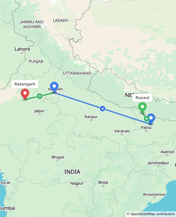 Route map showing distance and travel time from Raxaul, India to Ratangarh, India