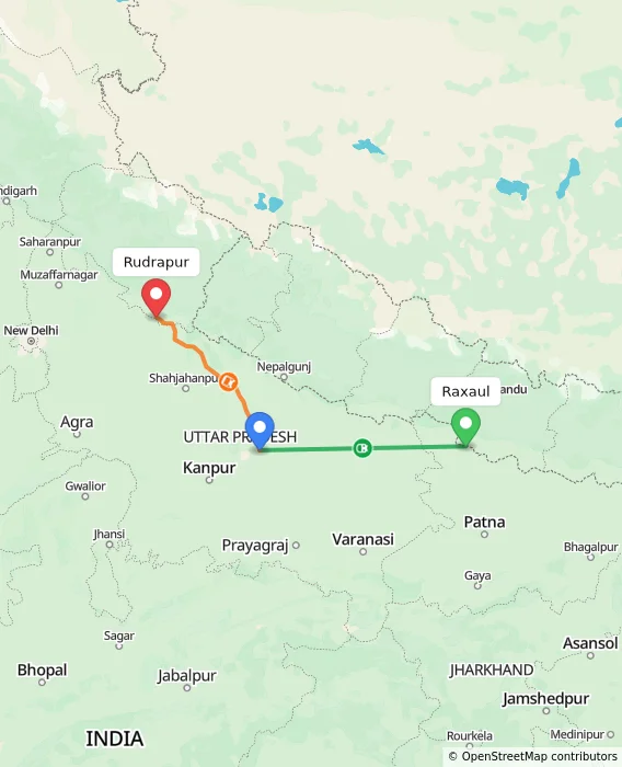 Route map showing distance and travel time from Raxaul, India to Rudrapur, India