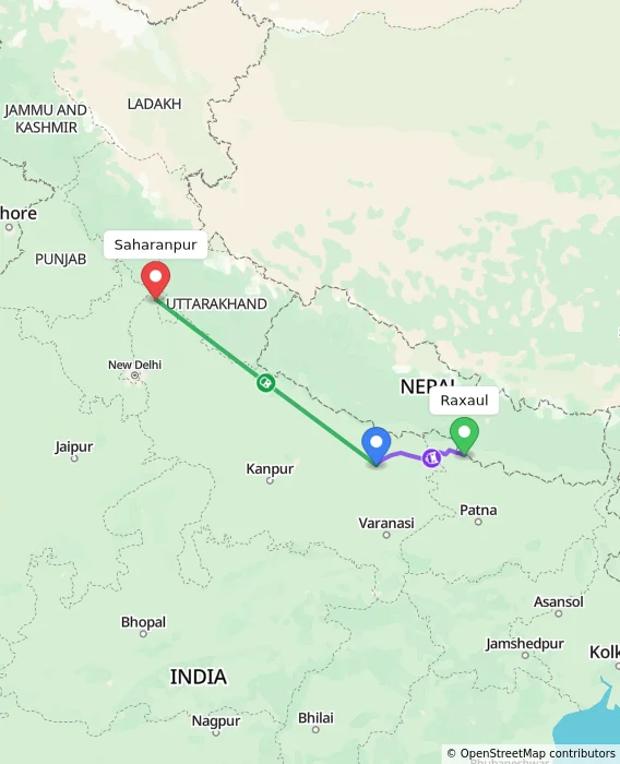 Route map showing distance and travel time from Raxaul, India to Saharanpur, India