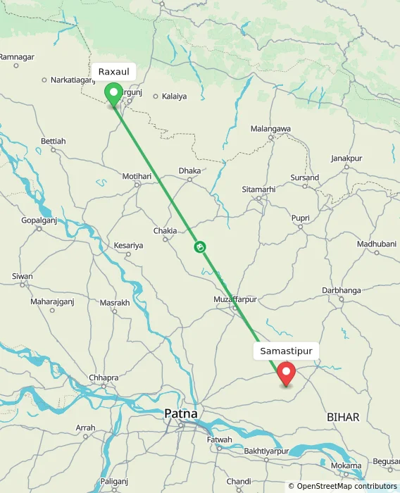 Route map showing distance and travel time from Raxaul, India to Samastipur, India