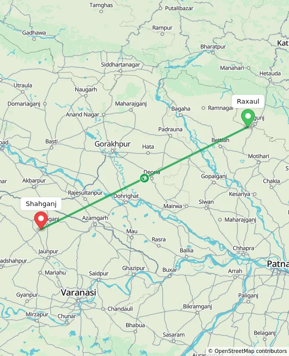 Route map showing distance and travel time from Raxaul, India to Shahganj, India