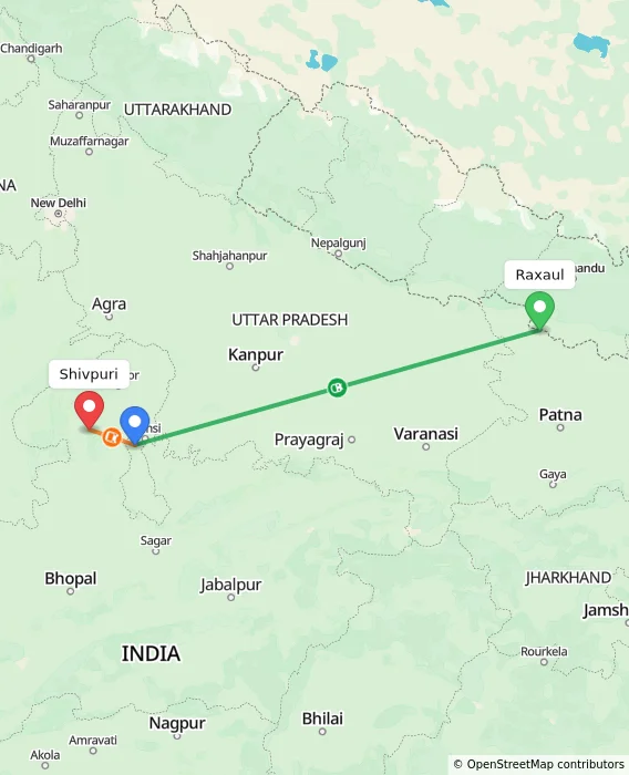 Route map showing distance and travel time from Raxaul, India to Shivpuri, India