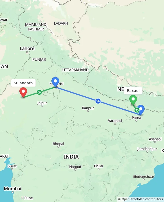 Route map showing distance and travel time from Raxaul, India to Sujangarh, India