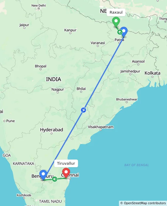 Route map showing distance and travel time from Raxaul, India to Tiruvallur, India