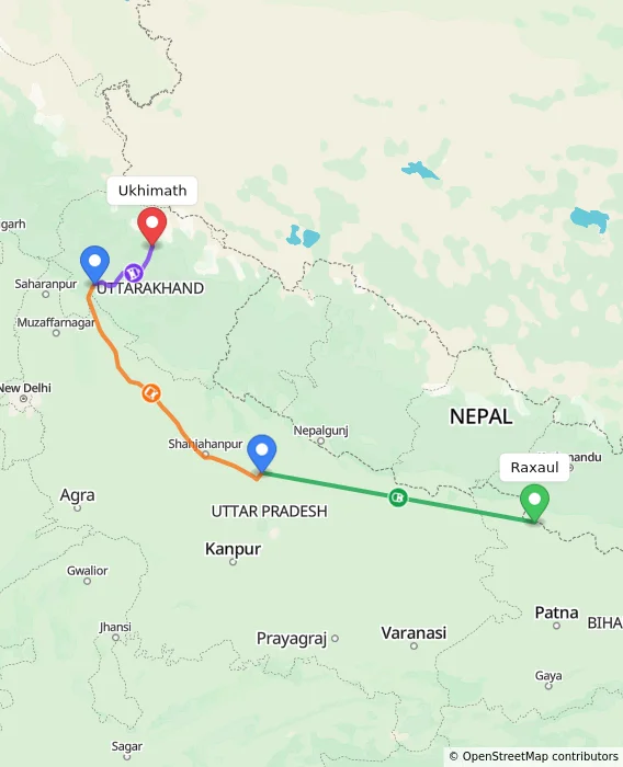 Route map showing distance and travel time from Raxaul, India to Ukhimath, India