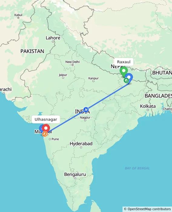 Route map showing distance and travel time from Raxaul, India to Ulhasnagar, India