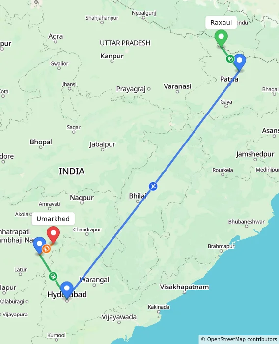 Route map showing distance and travel time from Raxaul, India to Umarkhed, India
