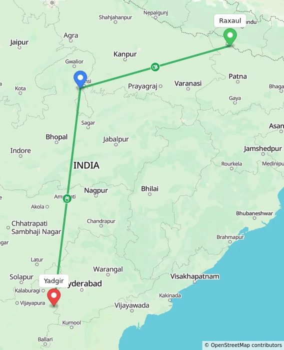 Route map showing distance and travel time from Raxaul, India to Yadgir, India
