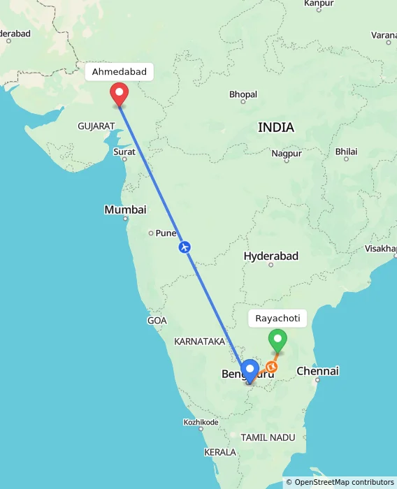 Route map showing distance and travel time from Rayachoti, India to Ahmedabad, India